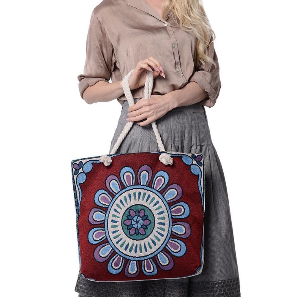 Flower Pattern Jute Tote Bag Maroon - Picture 2 of 6